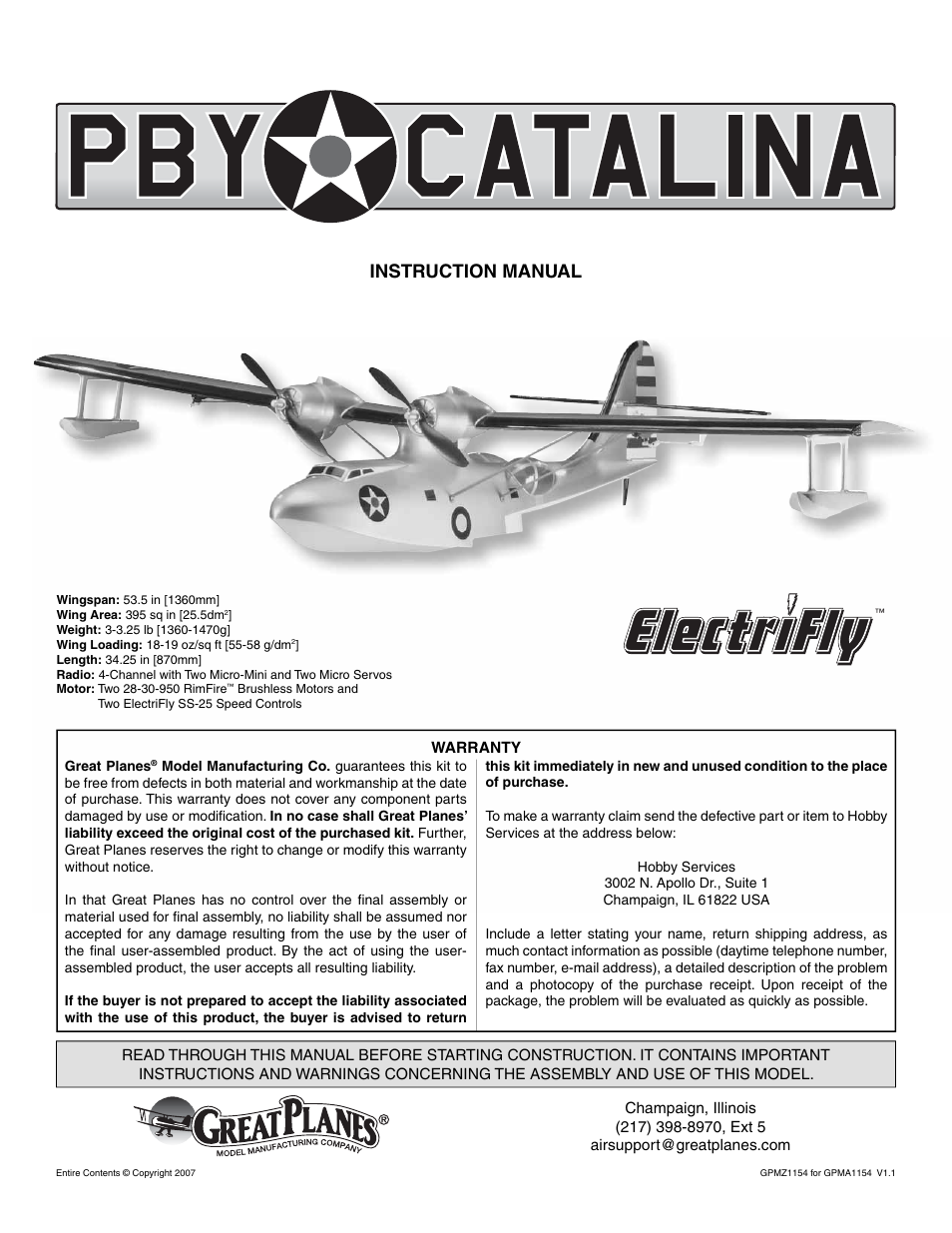 Great Planes PBY Catalina ARF - GPMA1154 User Manual | 20 pages
