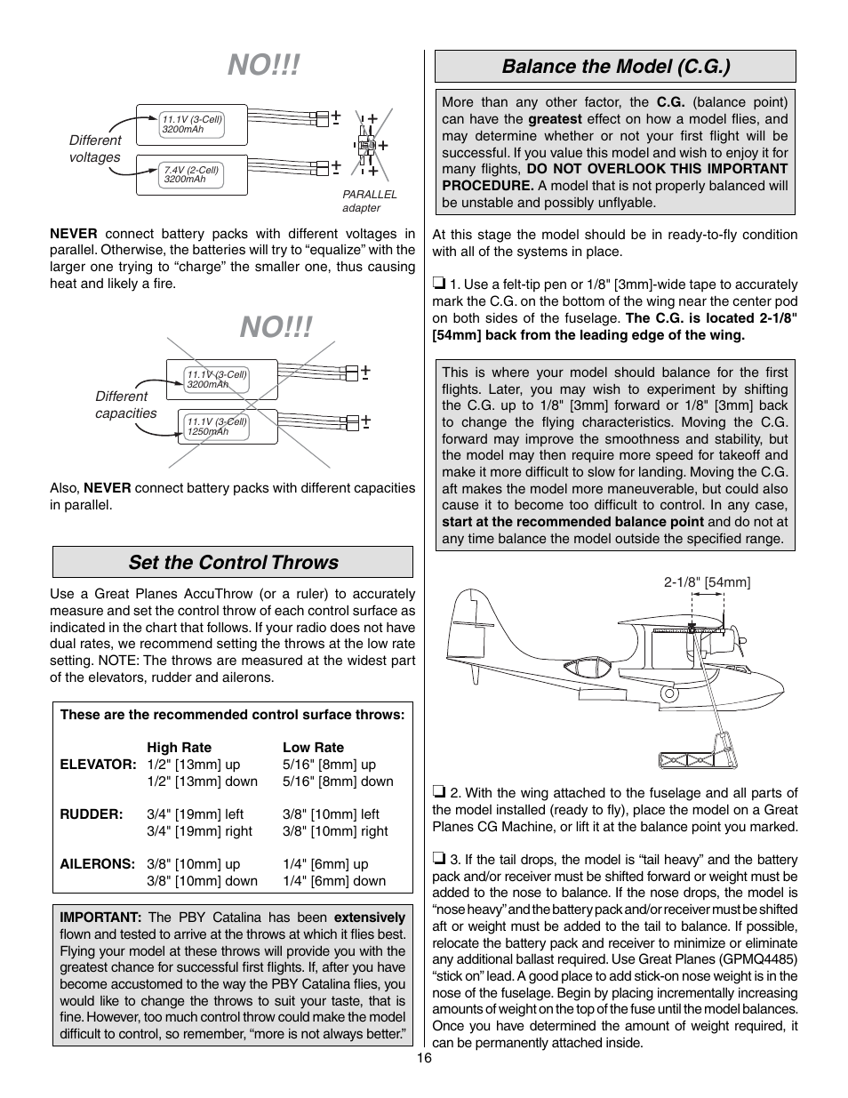 Set the control throws, Balance the model (c.g.) | Great Planes PBY Catalina ARF - GPMA1154 User Manual | Page 16 / 20