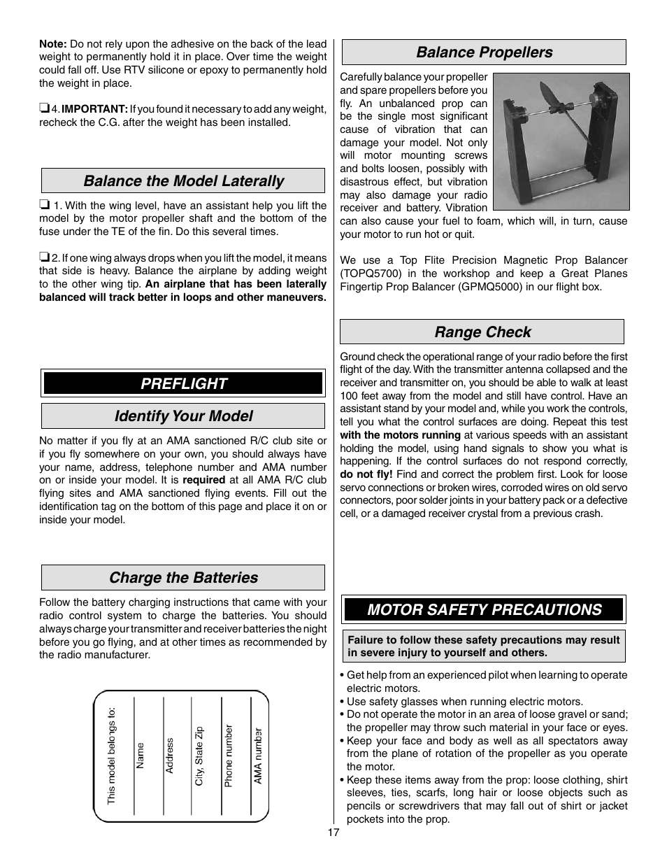 Balance the model laterally, Preflight identify your model, Charge the batteries | Balance propellers, Range check, Motor safety precautions | Great Planes PBY Catalina ARF - GPMA1154 User Manual | Page 17 / 20