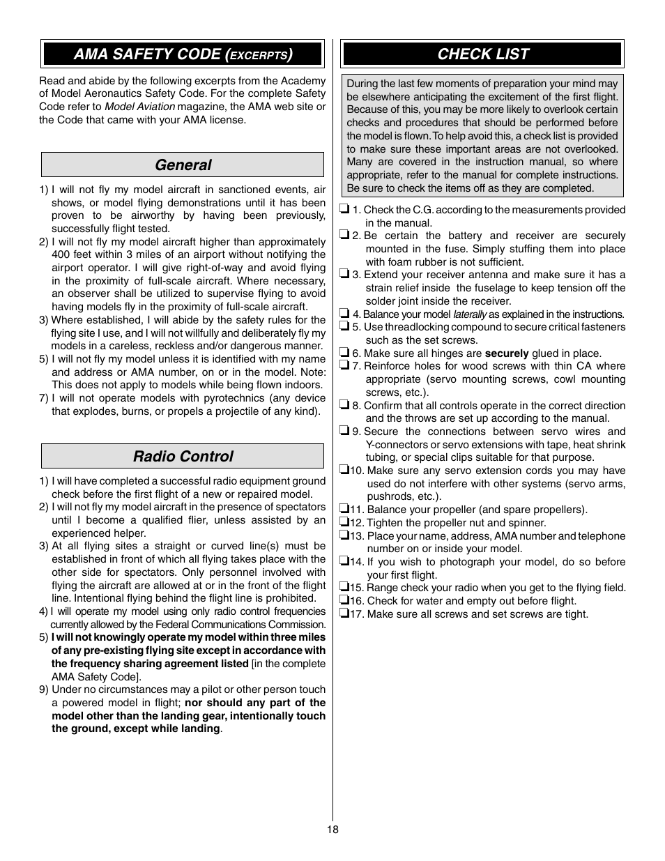 Ama safety code, General, Radio control | Check list | Great Planes PBY Catalina ARF - GPMA1154 User Manual | Page 18 / 20