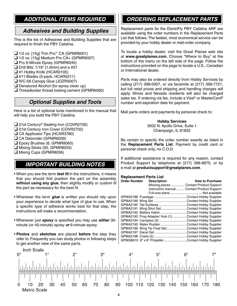 Additional items required, Adhesives and building supplies, Optional supplies and tools | Ordering replacement parts | Great Planes PBY Catalina ARF - GPMA1154 User Manual | Page 4 / 20