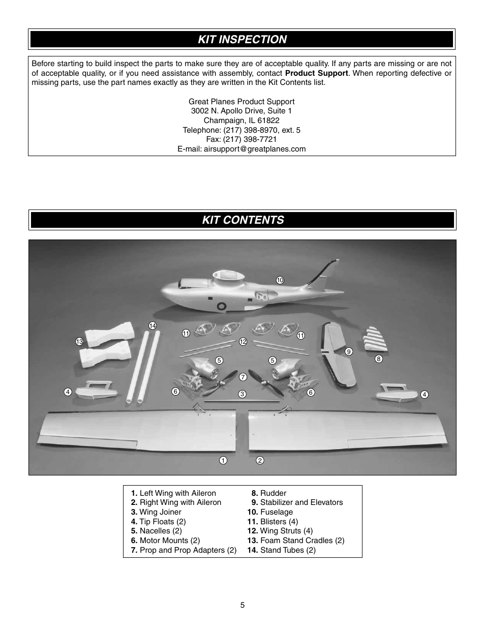 Kit inspection, Kit contents | Great Planes PBY Catalina ARF - GPMA1154 User Manual | Page 5 / 20