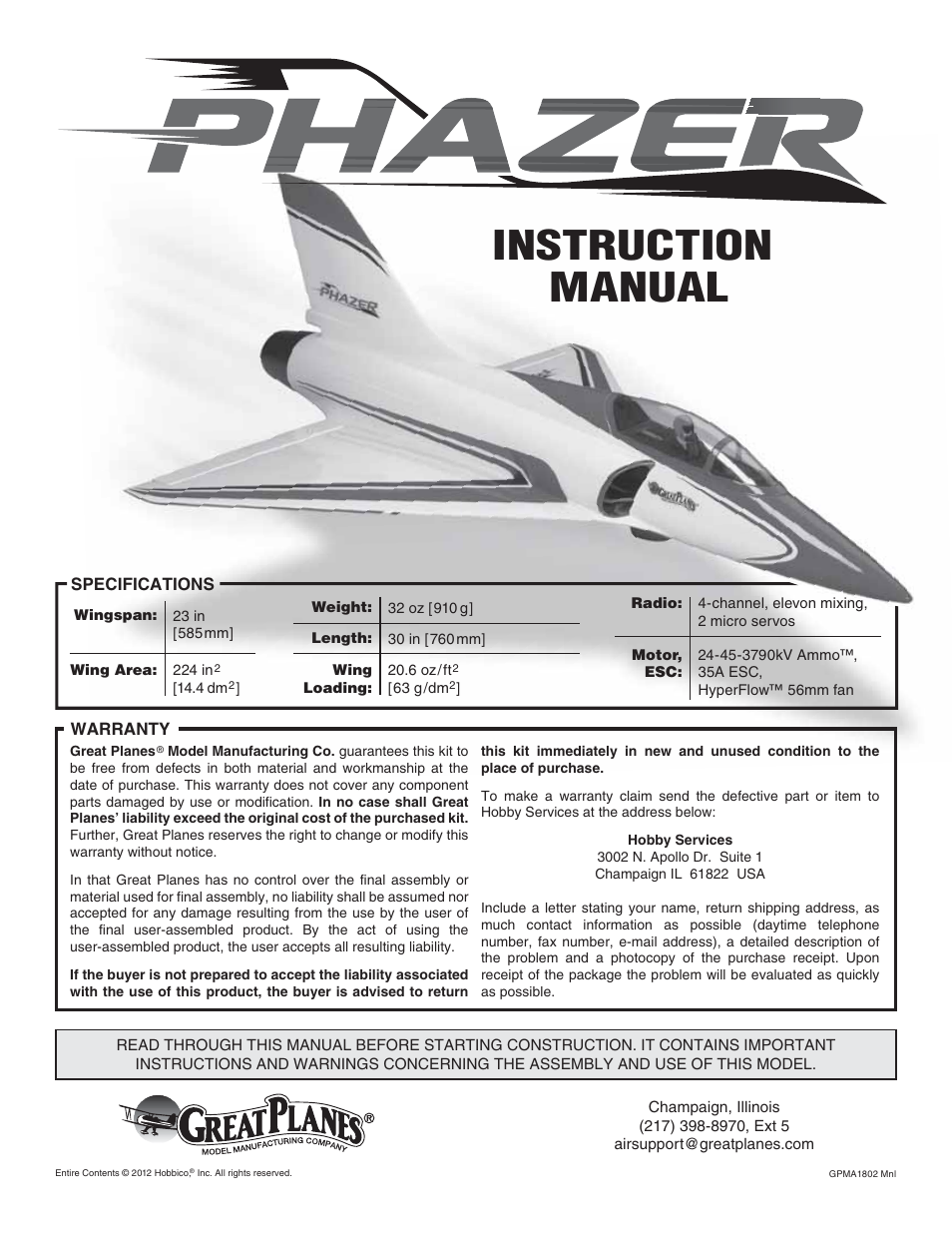 Great Planes Phazer EDF ARF - GPMA1802 User Manual | 24 pages