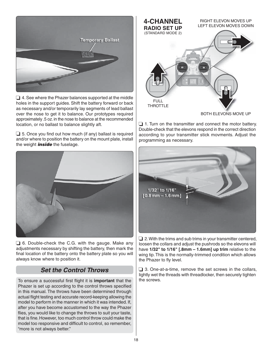 Channel, Set the control throws | Great Planes Phazer EDF ARF - GPMA1802 User Manual | Page 18 / 24