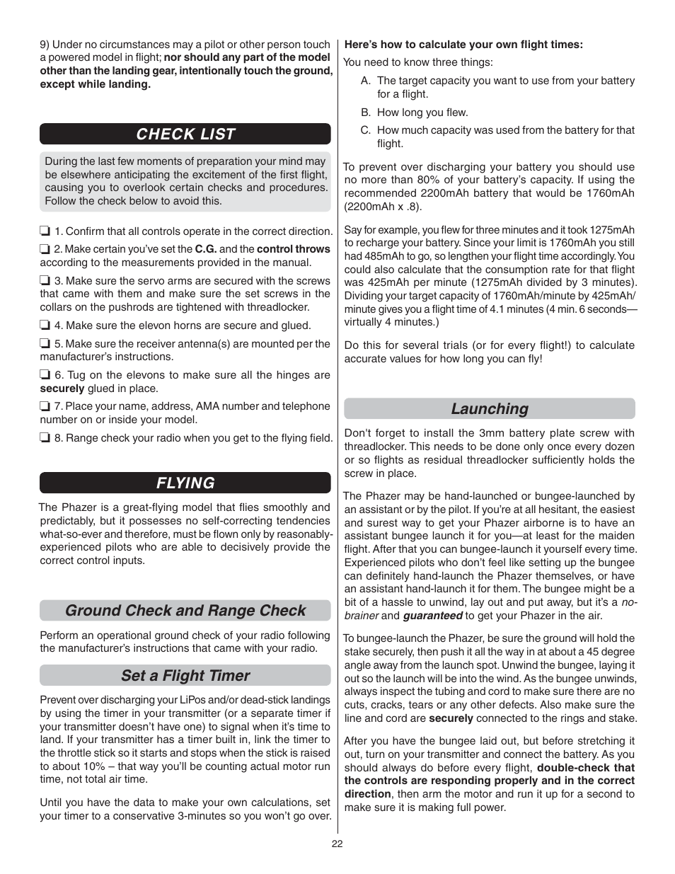 Check list, Flying, Ground check and range check | Set a flight timer, Launching | Great Planes Phazer EDF ARF - GPMA1802 User Manual | Page 22 / 24