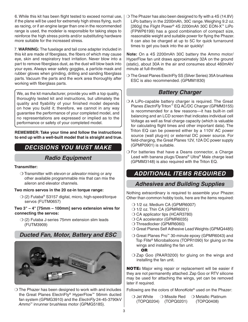 Decisions you must make radio equipment, Ducted fan, motor, battery and esc, Battery charger | Great Planes Phazer EDF ARF - GPMA1802 User Manual | Page 3 / 24