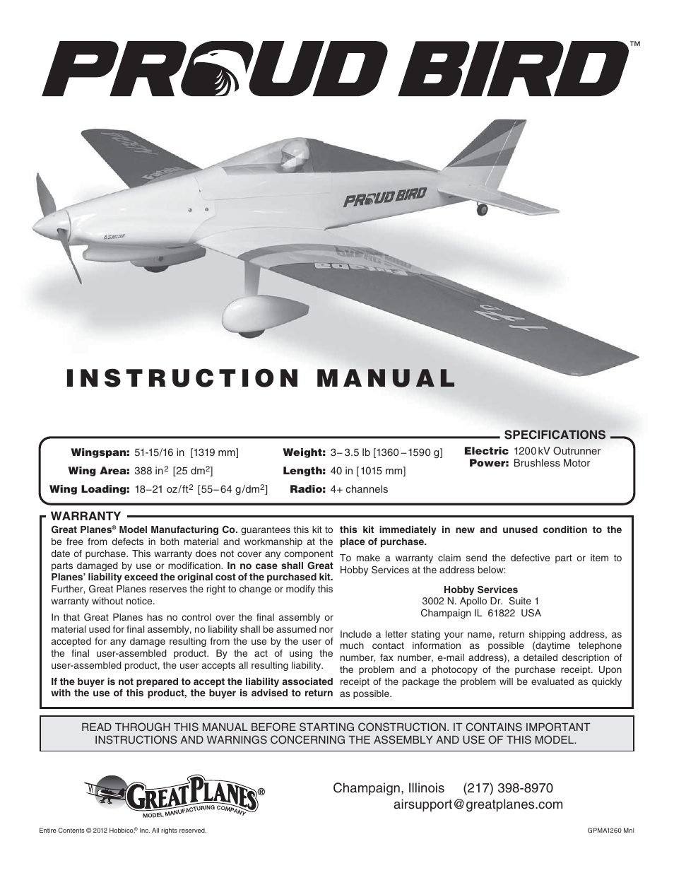 Great Planes Proud Bird ARF - GPMA1260 User Manual | 28 pages