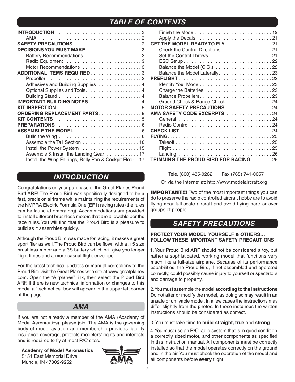 Great Planes Proud Bird ARF - GPMA1260 User Manual | Page 2 / 28