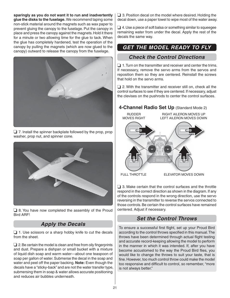Apply the decals, Set the control throws, Channel radio set up | Great Planes Proud Bird ARF - GPMA1260 User Manual | Page 21 / 28