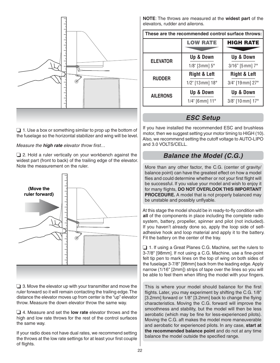 Esc setup, Balance the model (c.g.) | Great Planes Proud Bird ARF - GPMA1260 User Manual | Page 22 / 28