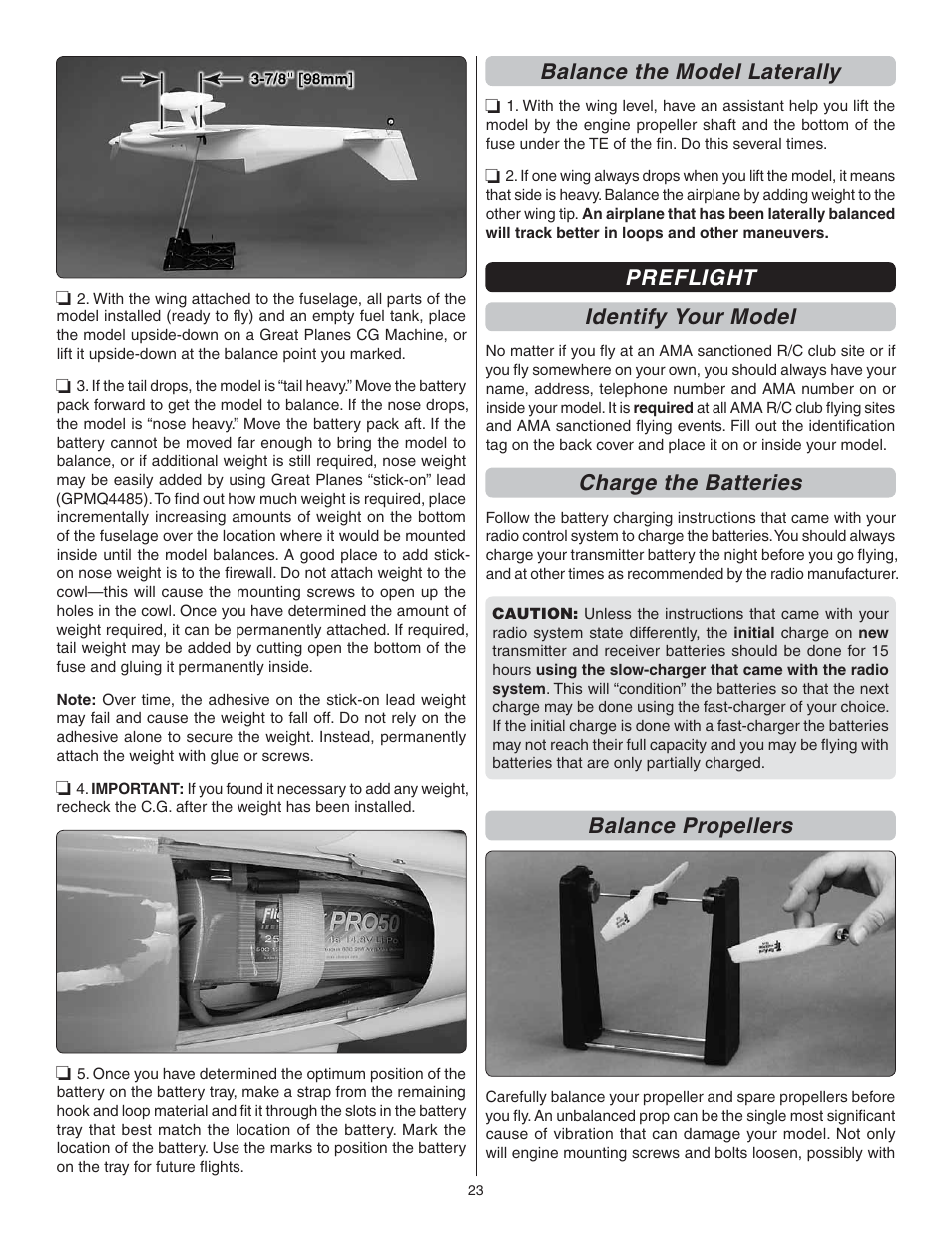 Balance the model laterally, Preflight identify your model, Charge the batteries | Balance propellers | Great Planes Proud Bird ARF - GPMA1260 User Manual | Page 23 / 28