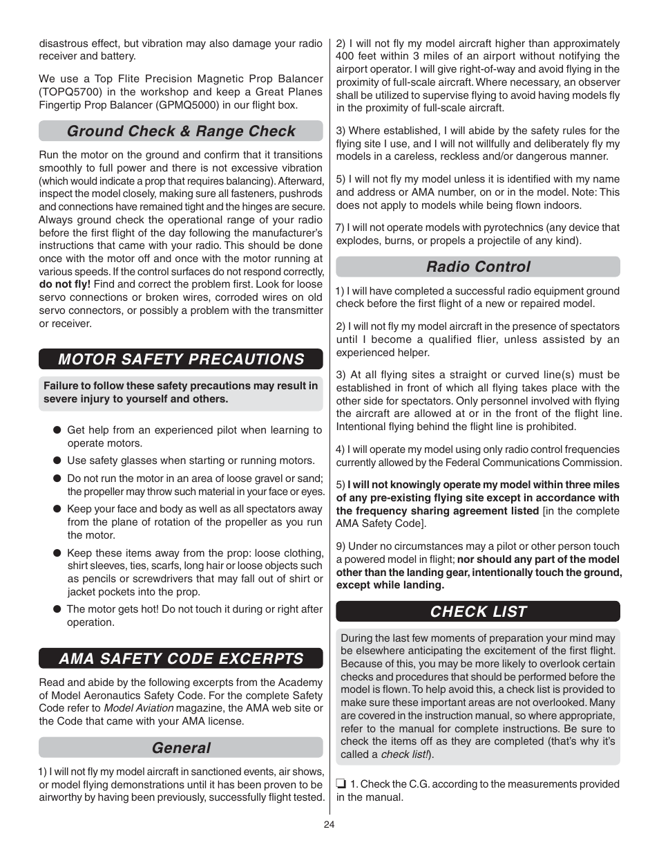 Ground check & range check, Motor safety precautions, Ama safety code excerpts | General, Radio control, Check list | Great Planes Proud Bird ARF - GPMA1260 User Manual | Page 24 / 28
