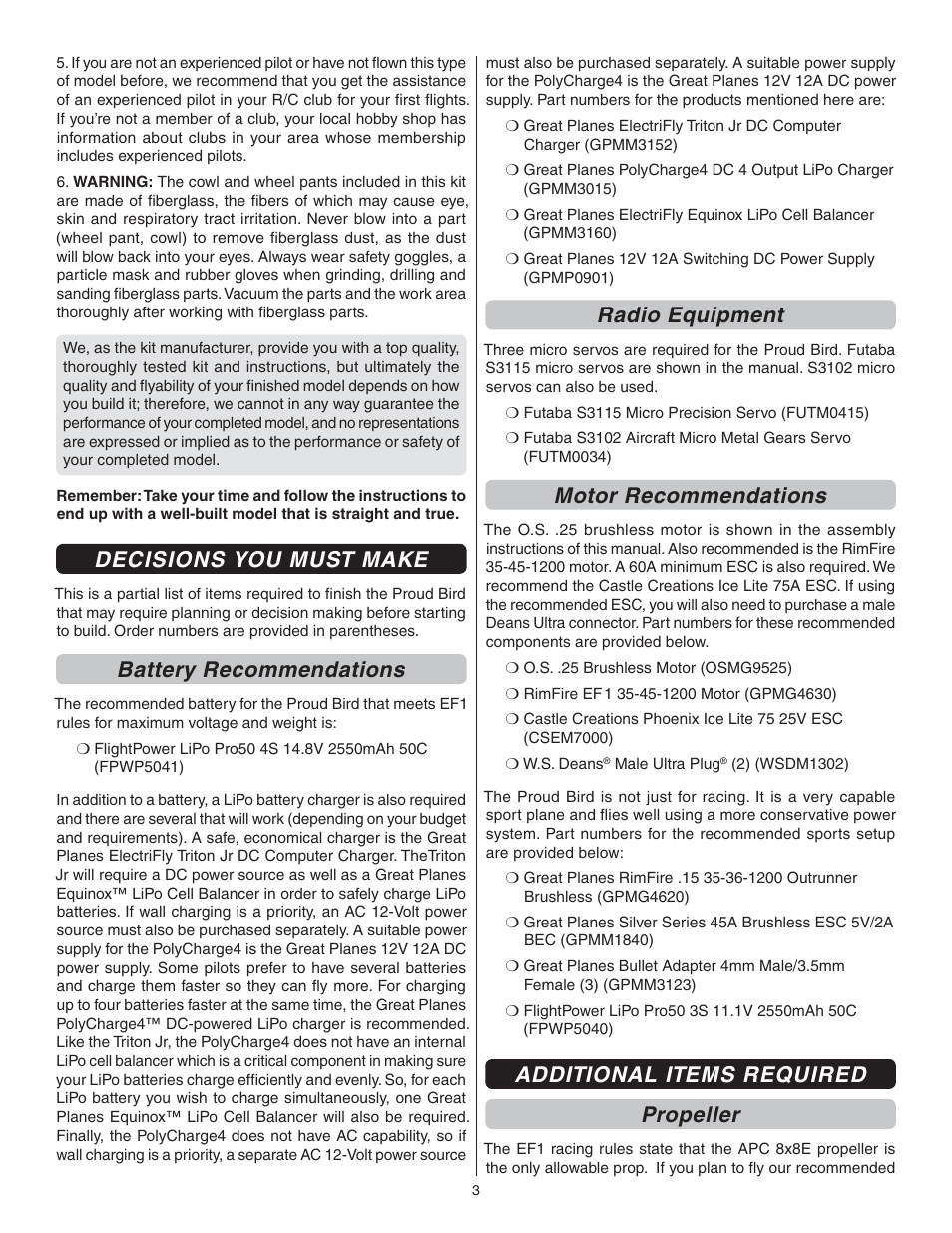Decisions you must make, Battery recommendations, Radio equipment | Motor recommendations, Additional items required propeller | Great Planes Proud Bird ARF - GPMA1260 User Manual | Page 3 / 28