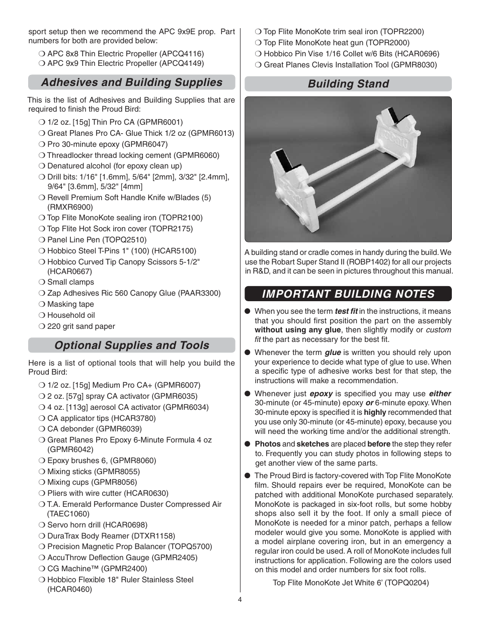 Adhesives and building supplies, Optional supplies and tools, Building stand | Great Planes Proud Bird ARF - GPMA1260 User Manual | Page 4 / 28