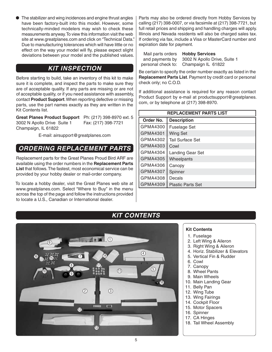 Kit inspection, Ordering replacement parts, Kit contents | Great Planes Proud Bird ARF - GPMA1260 User Manual | Page 5 / 28