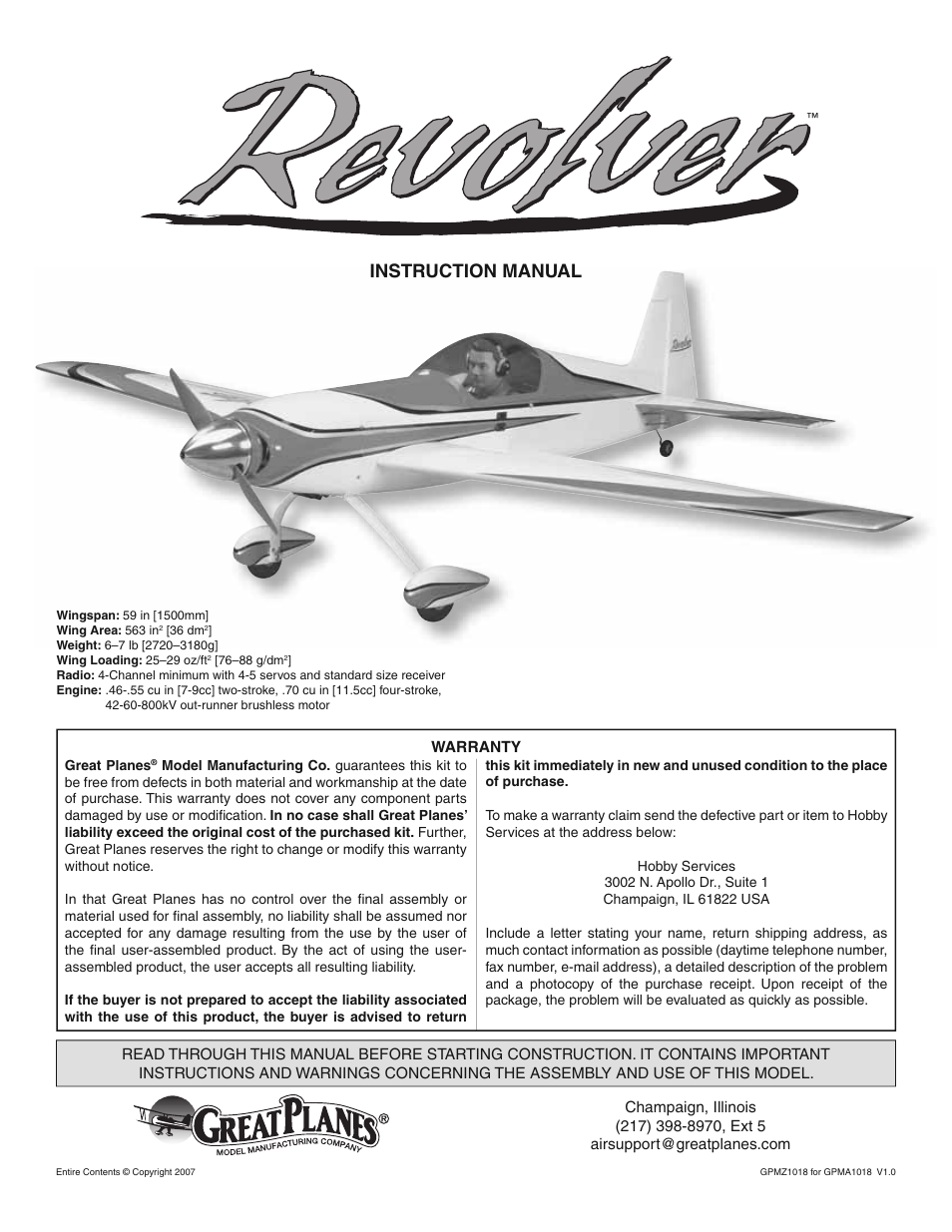 Great Planes Revolver GP/EP ARF 59" - GPMA1018 User Manual | 32 pages