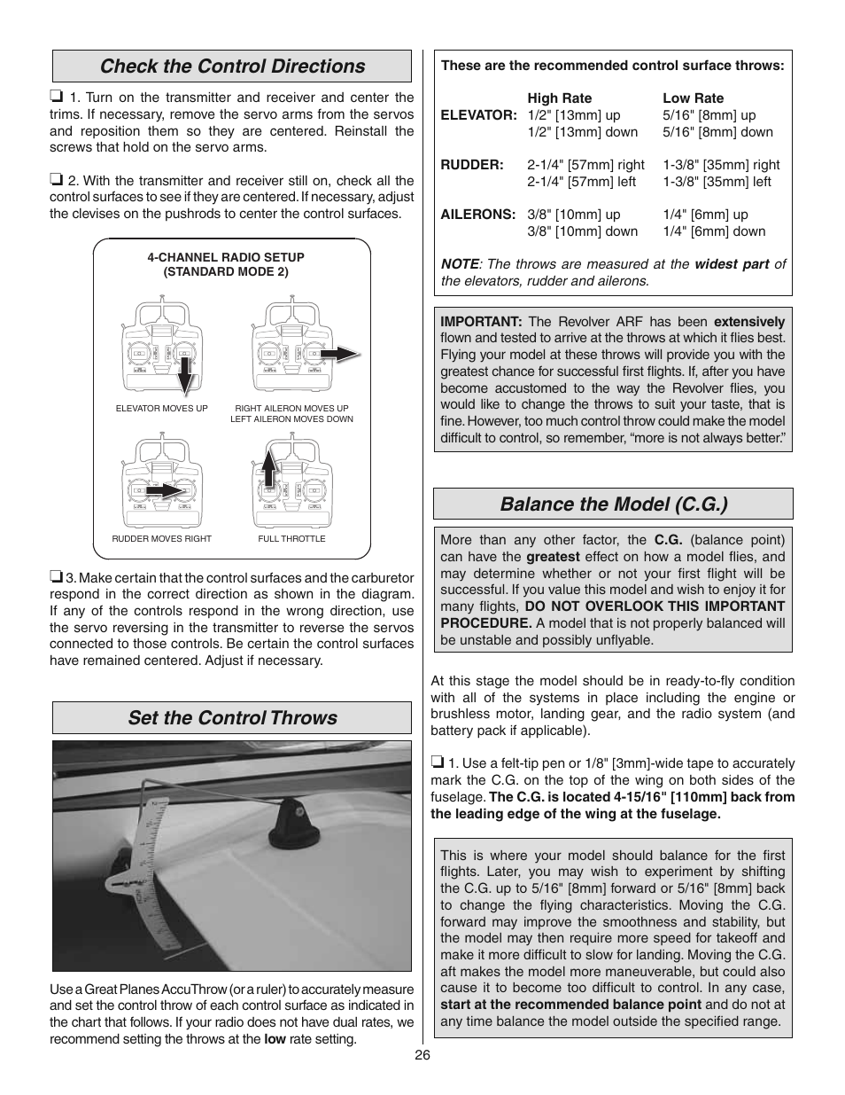 Check the control directions, Set the control throws, Balance the model (c.g.) | Great Planes Revolver GP/EP ARF 59" - GPMA1018 User Manual | Page 26 / 32