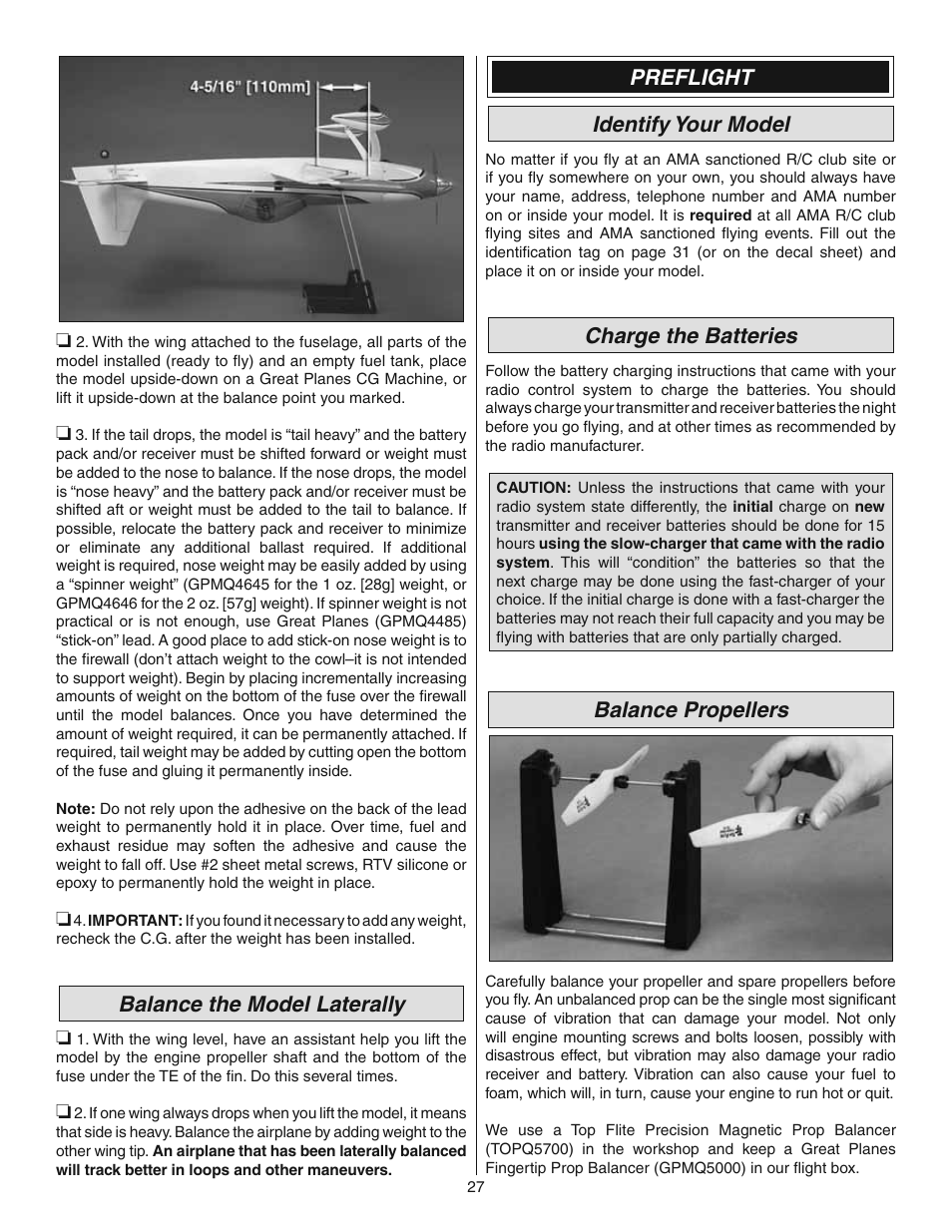 Balance the model laterally, Preflight identify your model, Charge the batteries | Balance propellers | Great Planes Revolver GP/EP ARF 59" - GPMA1018 User Manual | Page 27 / 32