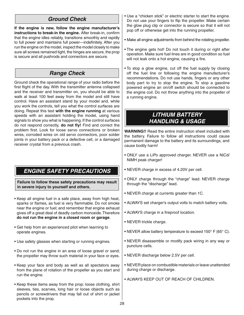 Ground check, Range check, Engine safety precautions | Lithium battery handling & usage | Great Planes Revolver GP/EP ARF 59" - GPMA1018 User Manual | Page 28 / 32
