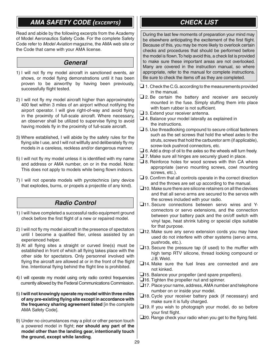 Ama safety code, General, Radio control | Check list | Great Planes Revolver GP/EP ARF 59" - GPMA1018 User Manual | Page 29 / 32