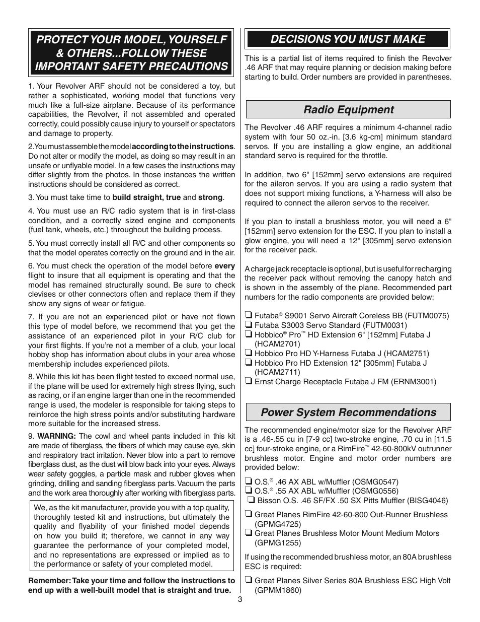 Decisions you must make, Radio equipment, Power system recommendations | Great Planes Revolver GP/EP ARF 59" - GPMA1018 User Manual | Page 3 / 32