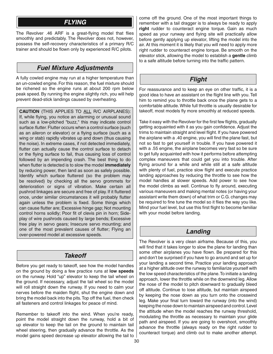 Flying, Fuel mixture adjustments, Takeoff | Flight, Landing | Great Planes Revolver GP/EP ARF 59" - GPMA1018 User Manual | Page 30 / 32