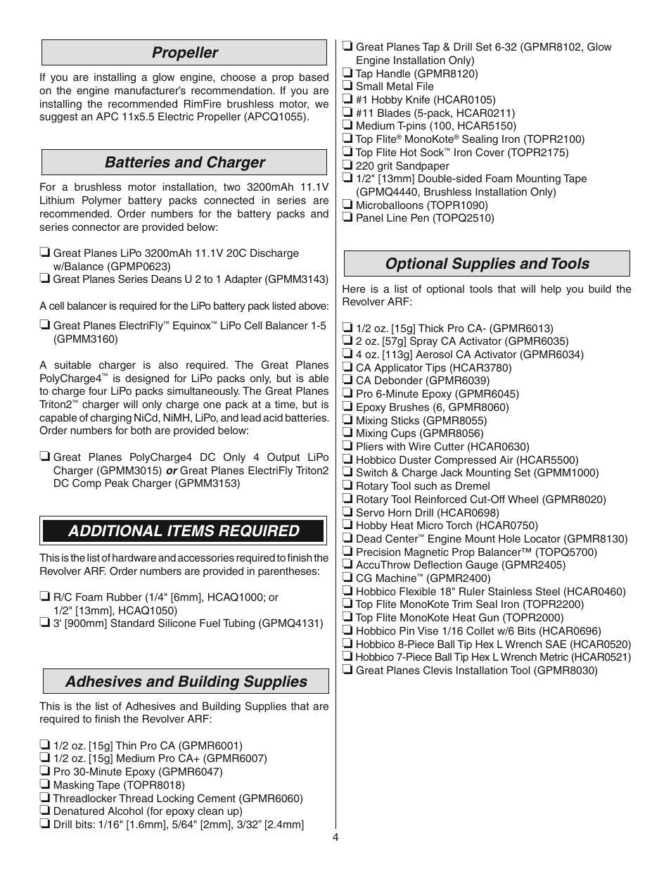 Propeller, Batteries and charger, Additional items required | Adhesives and building supplies, Optional supplies and tools | Great Planes Revolver GP/EP ARF 59" - GPMA1018 User Manual | Page 4 / 32