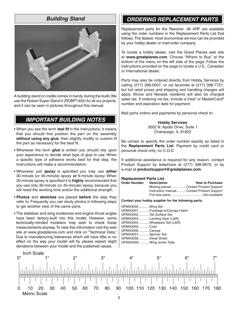 Building stand, Ordering replacement parts | Great Planes Revolver GP/EP ARF 59" - GPMA1018 User Manual | Page 5 / 32