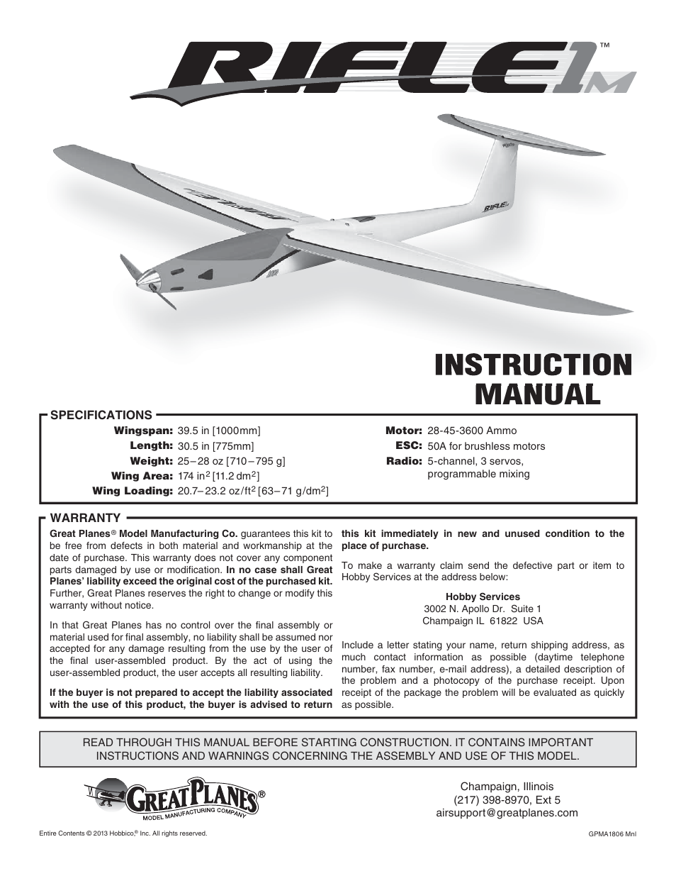 Great Planes Rifle 1M EP Sport ARF - GPMA1806 User Manual | 24 pages