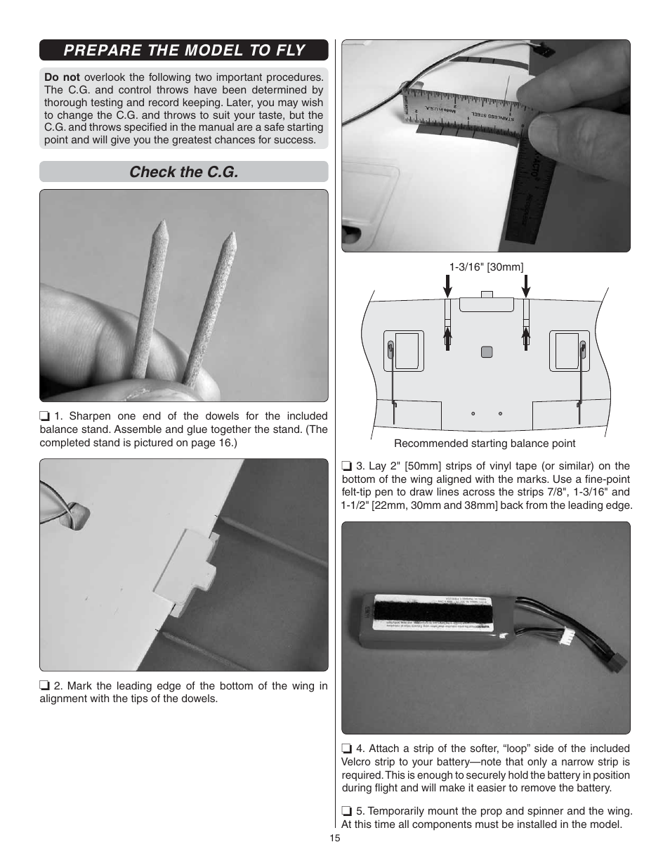 Prepare the model to fly, Check the c.g | Great Planes Rifle 1M EP Sport ARF - GPMA1806 User Manual | Page 15 / 24