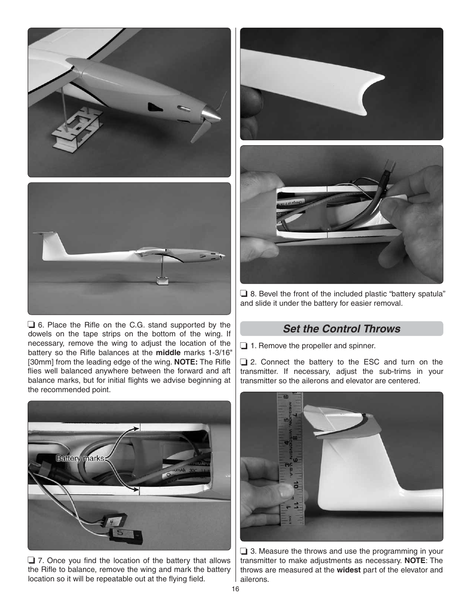 Set the control throws | Great Planes Rifle 1M EP Sport ARF - GPMA1806 User Manual | Page 16 / 24