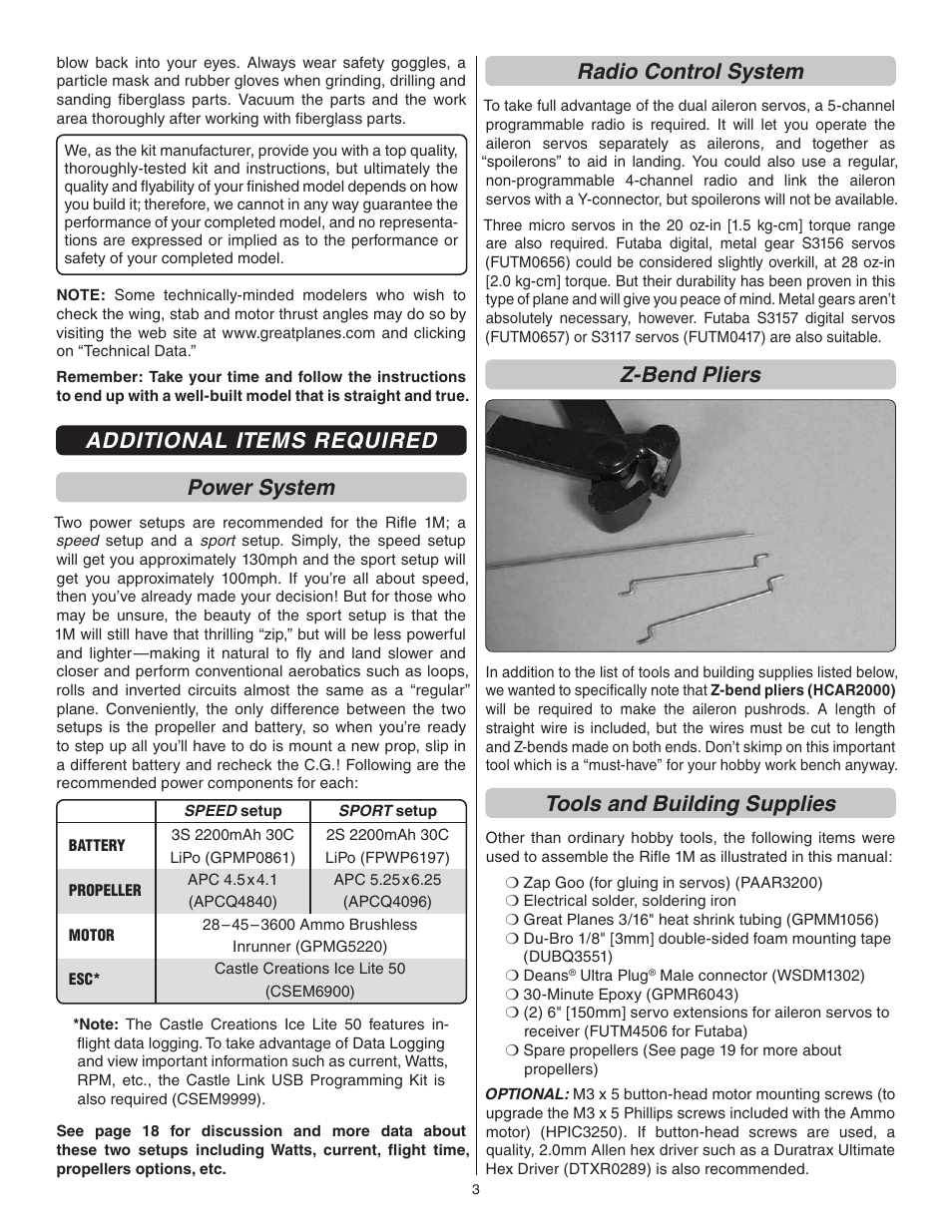 Additional items required power system, Radio control system, Z-bend pliers | Tools and building supplies | Great Planes Rifle 1M EP Sport ARF - GPMA1806 User Manual | Page 3 / 24