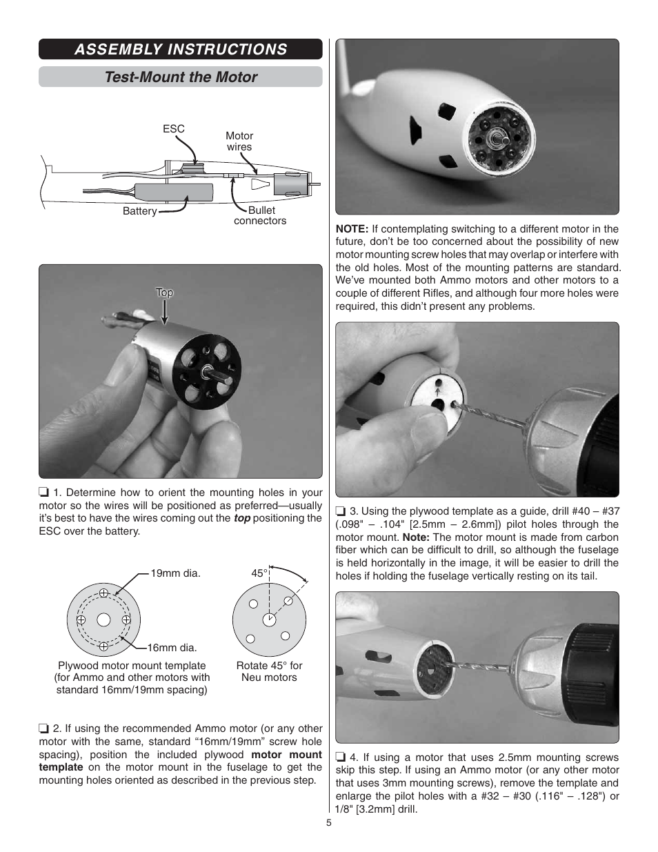 Assembly instructions test-mount the motor | Great Planes Rifle 1M EP Sport ARF - GPMA1806 User Manual | Page 5 / 24