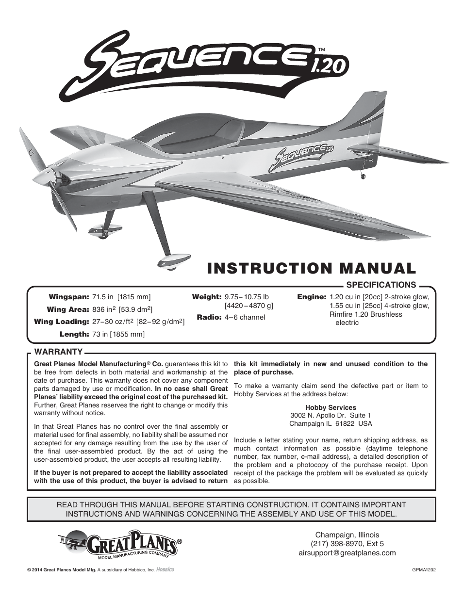 Great Planes Sequence 1.20 EP/GP ARF - GPMA1232 User Manual | 32 pages