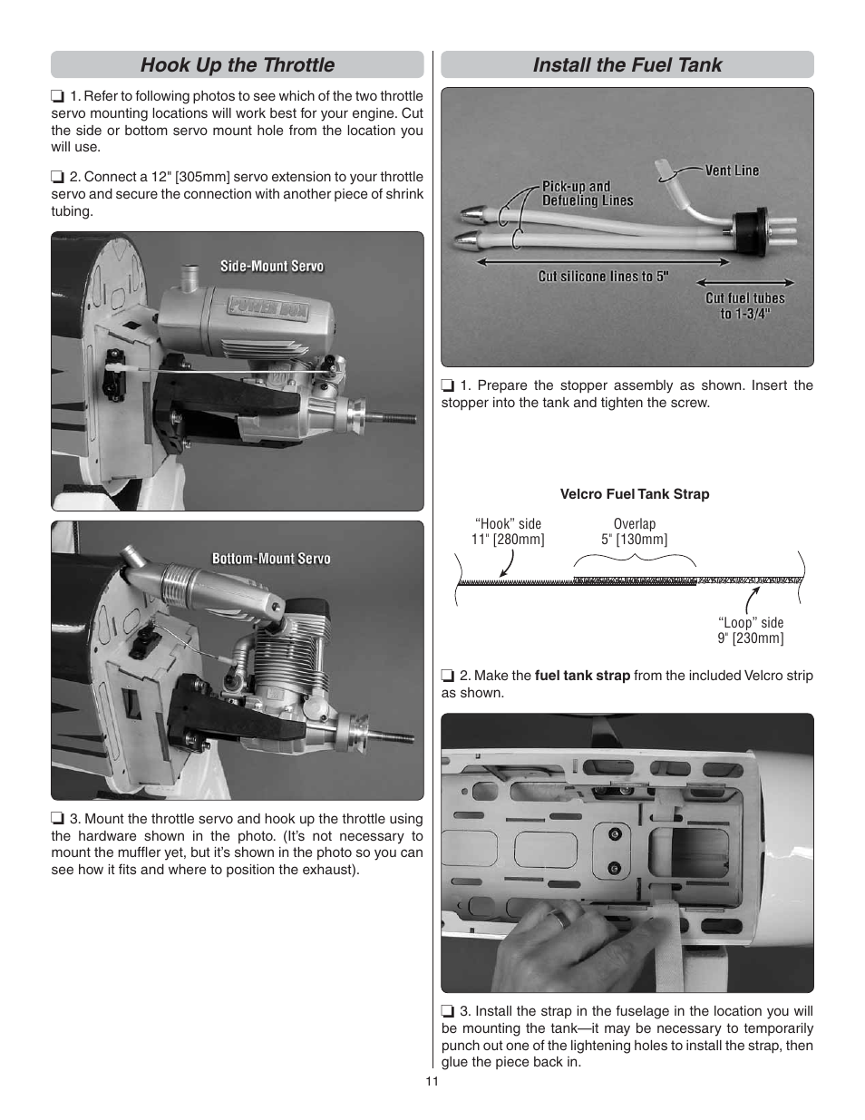 Hook up the throttle, Install the fuel tank | Great Planes Sequence 1.20 EP/GP ARF - GPMA1232 User Manual | Page 11 / 32
