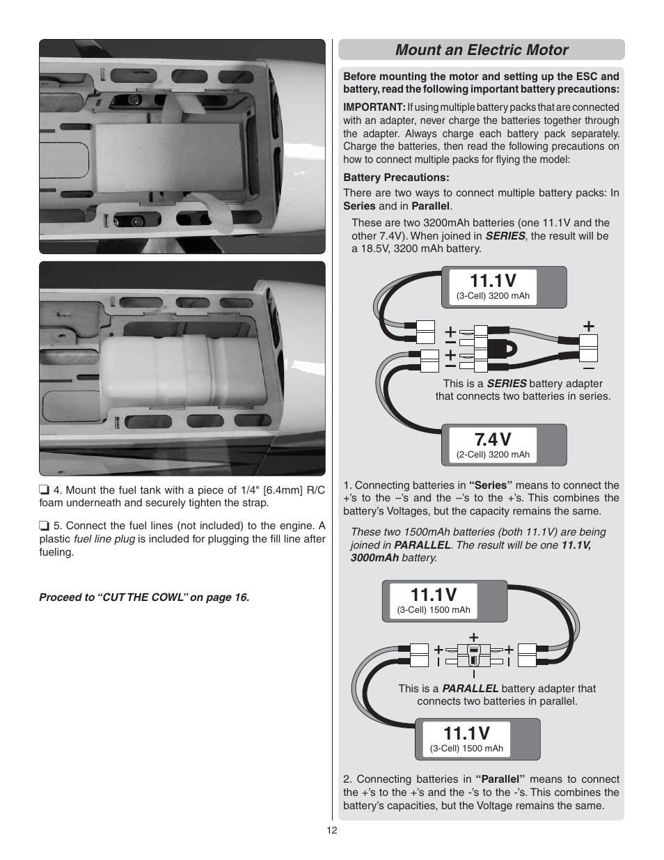 1v 7.4v, Mount an electric motor | Great Planes Sequence 1.20 EP/GP ARF - GPMA1232 User Manual | Page 12 / 32