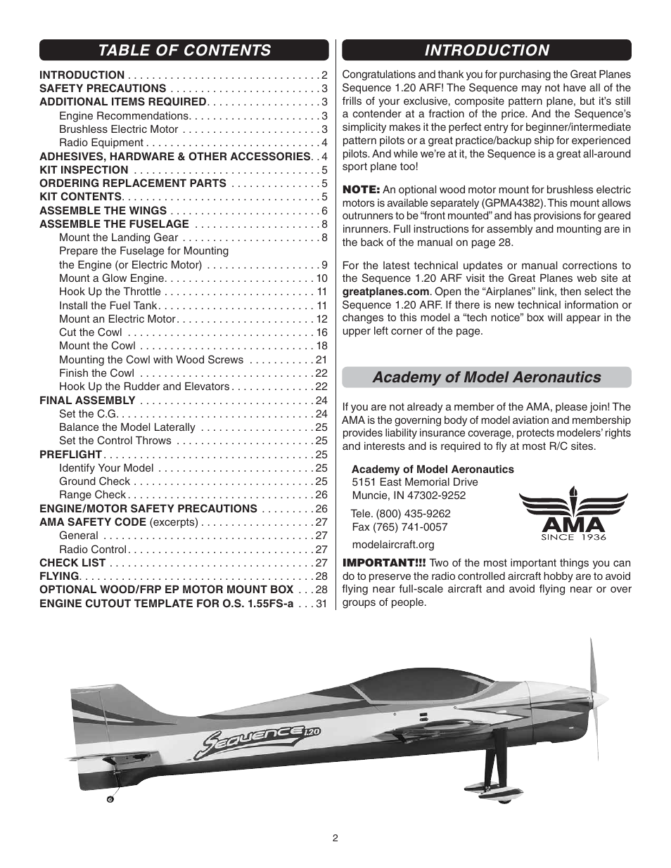 Great Planes Sequence 1.20 EP/GP ARF - GPMA1232 User Manual | Page 2 / 32