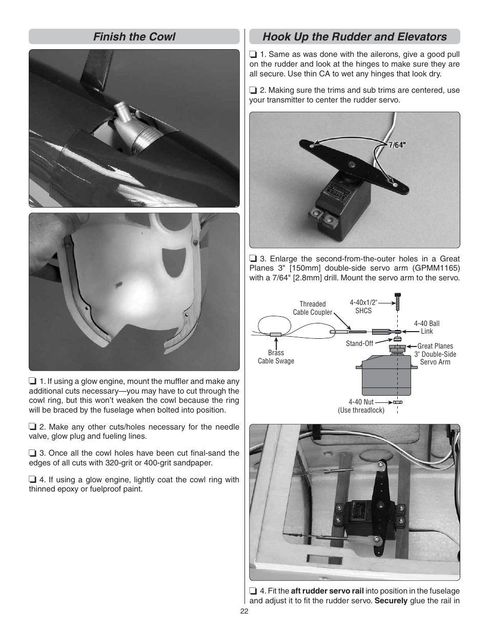 Finish the cowl, Hook up the rudder and elevators | Great Planes Sequence 1.20 EP/GP ARF - GPMA1232 User Manual | Page 22 / 32