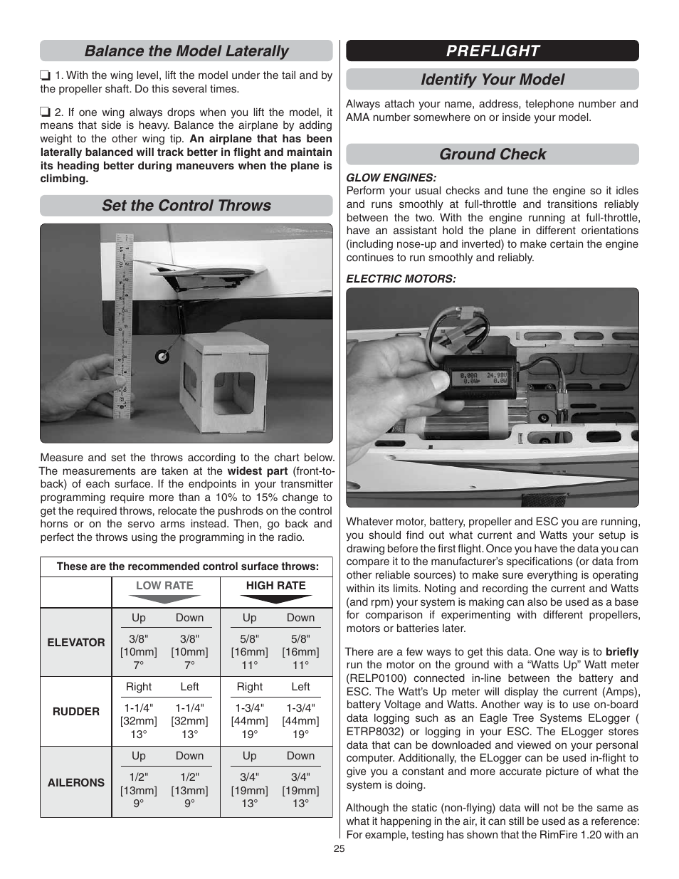 Balance the model laterally, Set the control throws, Preflight identify your model | Ground check | Great Planes Sequence 1.20 EP/GP ARF - GPMA1232 User Manual | Page 25 / 32