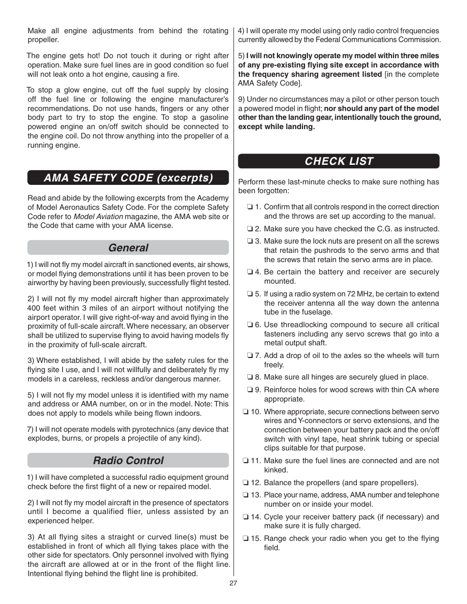 Ama safety code (excerpts), General, Radio control | Check list | Great Planes Sequence 1.20 EP/GP ARF - GPMA1232 User Manual | Page 27 / 32