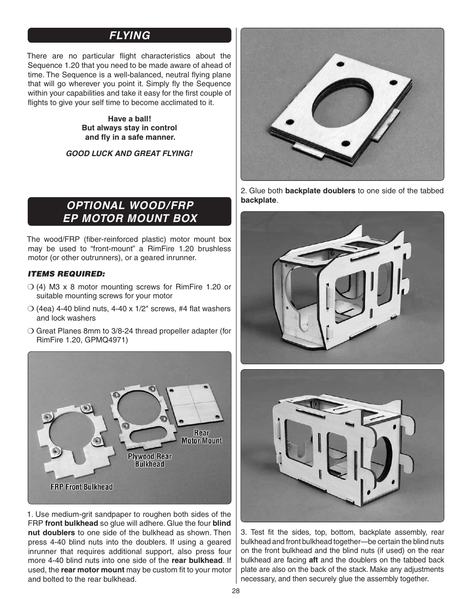 Flying, Optional wood / frp ep motor mount box | Great Planes Sequence 1.20 EP/GP ARF - GPMA1232 User Manual | Page 28 / 32