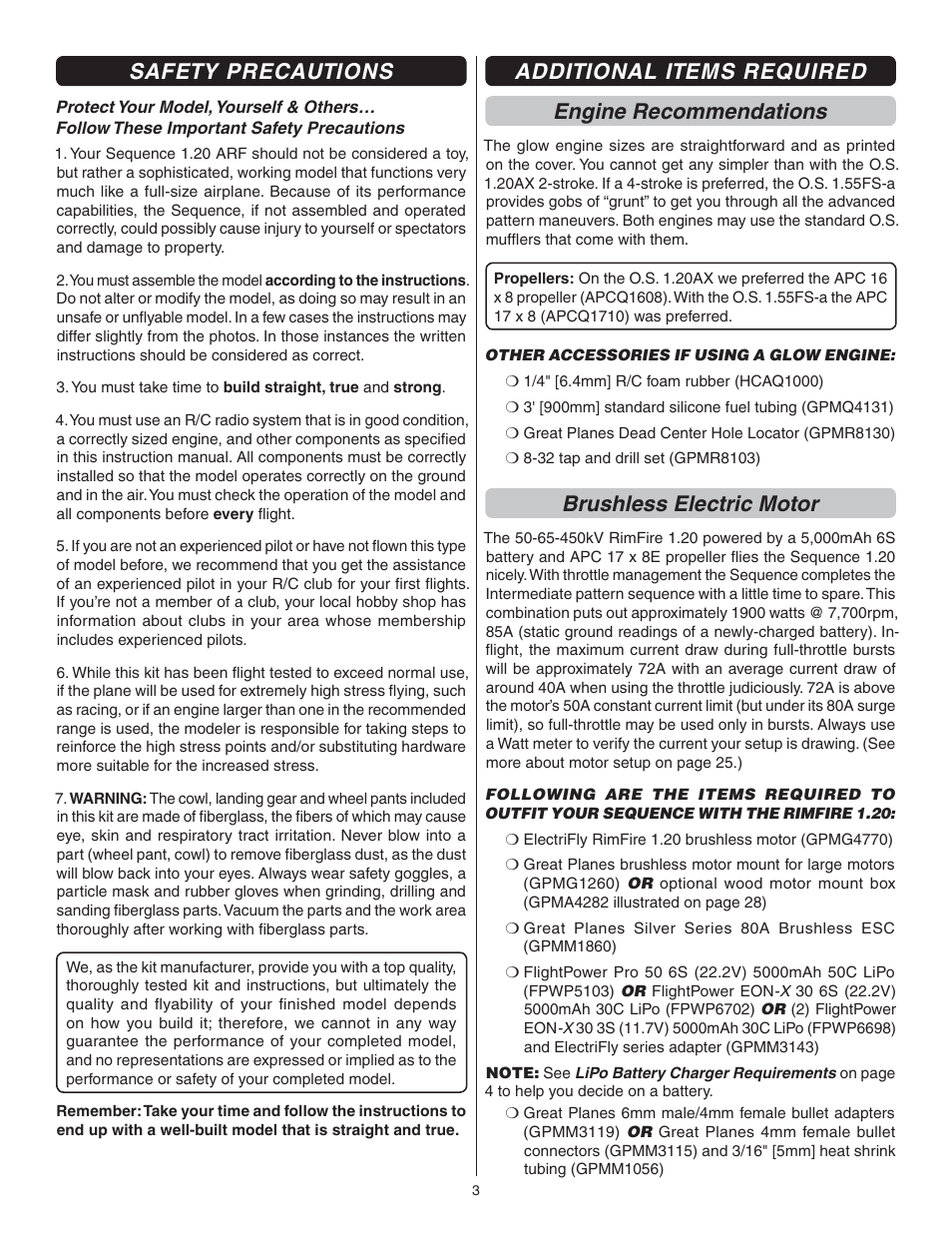 Safety precautions, Additional items required engine recommendations, Brushless electric motor | Great Planes Sequence 1.20 EP/GP ARF - GPMA1232 User Manual | Page 3 / 32