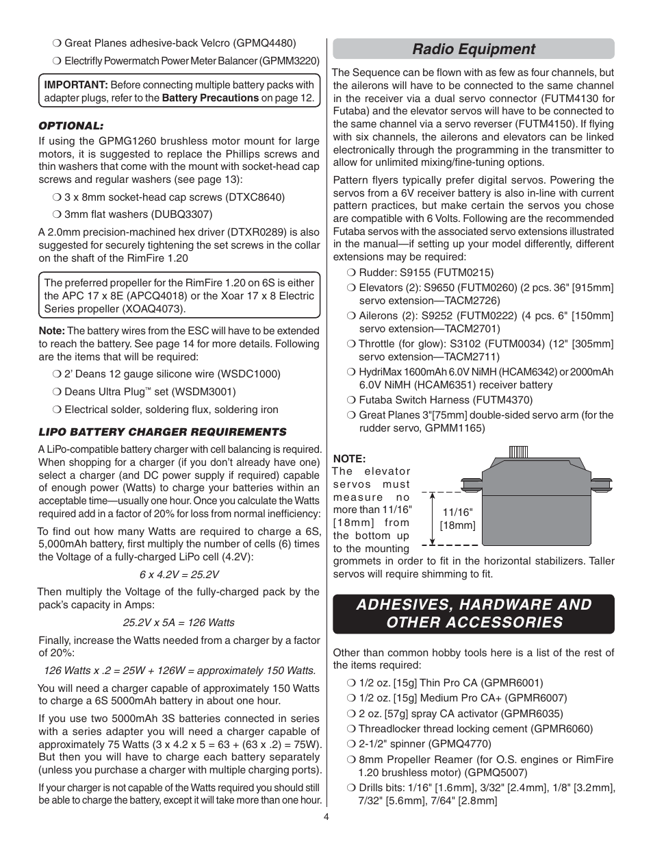 Radio equipment, Adhesives, hardware and other accessories | Great Planes Sequence 1.20 EP/GP ARF - GPMA1232 User Manual | Page 4 / 32