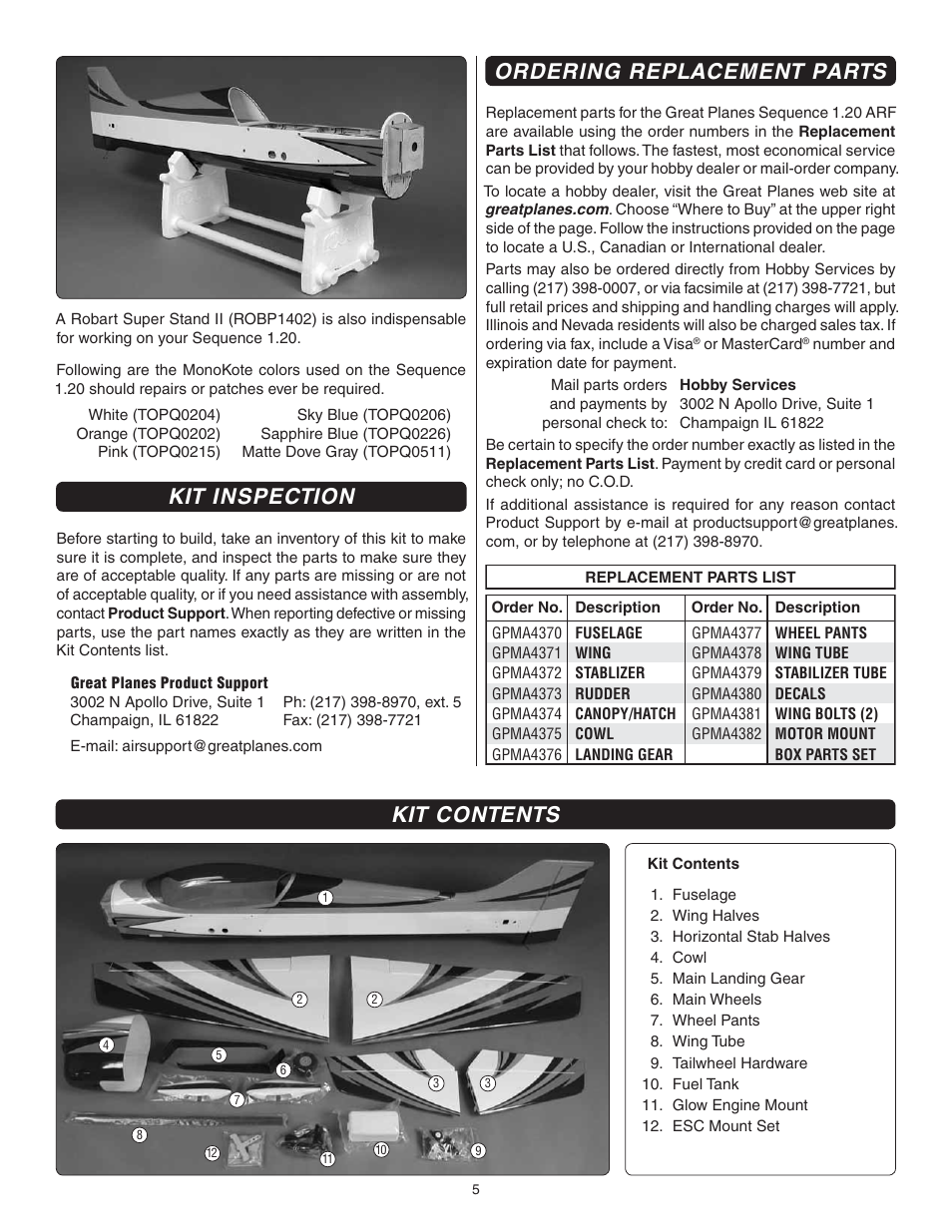 Kit inspection, Ordering replacement parts, Kit contents | Great Planes Sequence 1.20 EP/GP ARF - GPMA1232 User Manual | Page 5 / 32