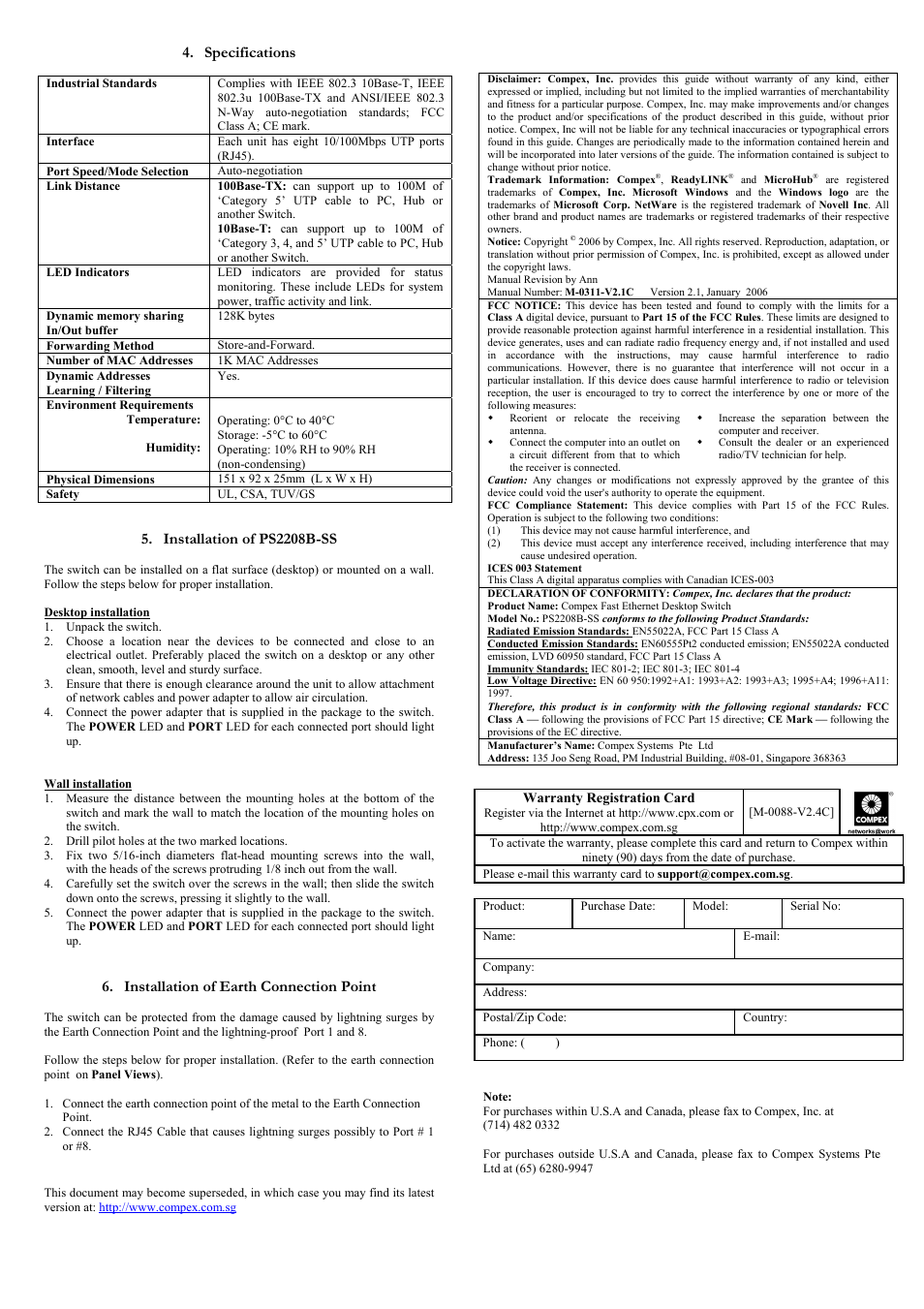 Specifications, Installation of ps2208b-ss, Installation of earth connection point | Compex Systems PS2208B-SS User Manual | Page 2 / 2