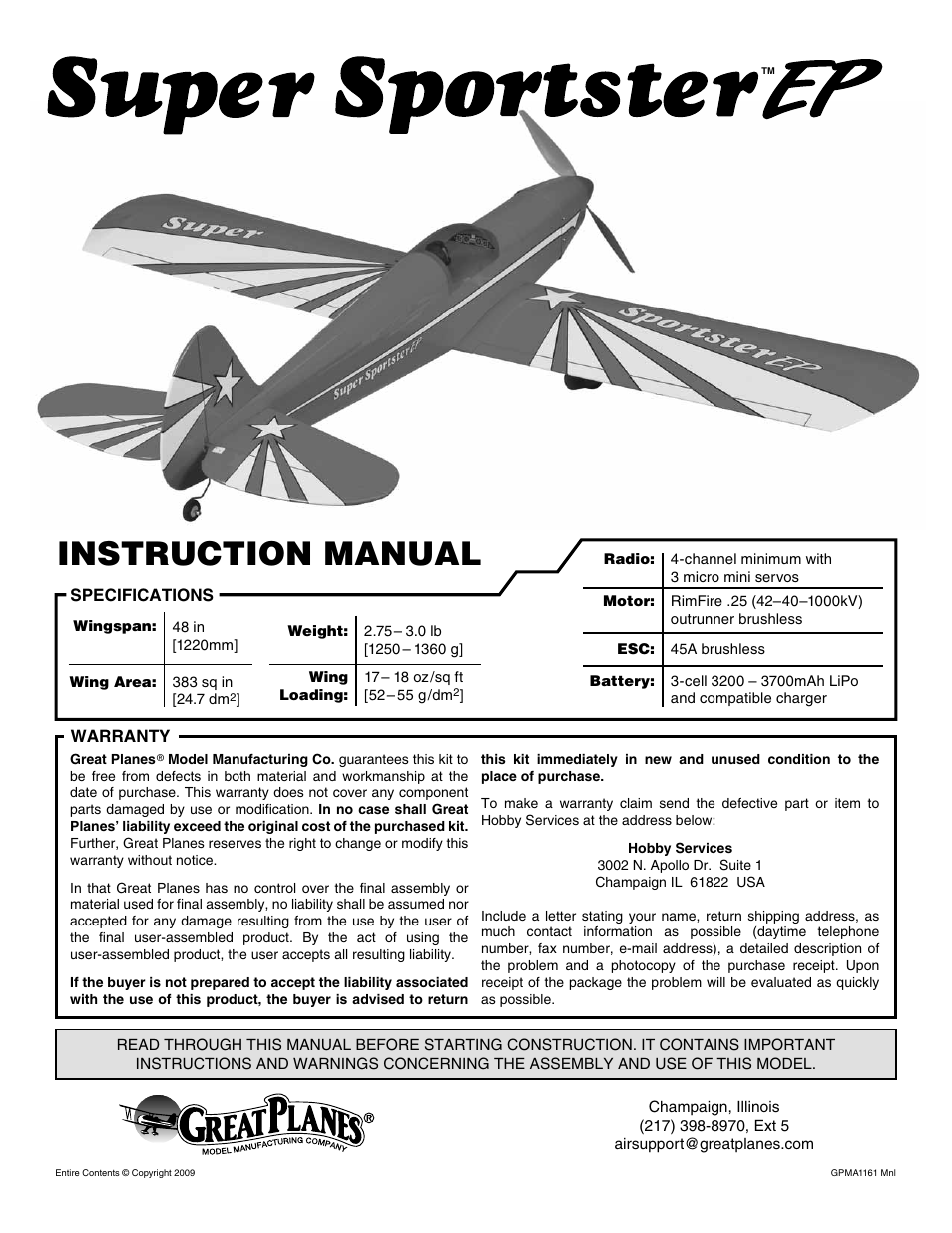 Great Planes Super Sportster Brushless EP ARF - GPMA1161 User Manual | 24 pages