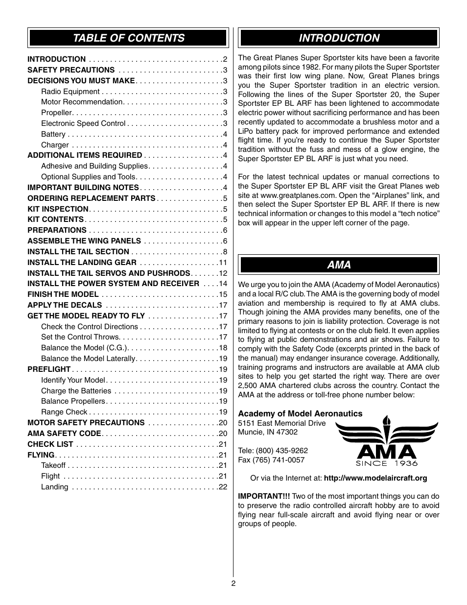 Great Planes Super Sportster Brushless EP ARF - GPMA1161 User Manual | Page 2 / 24