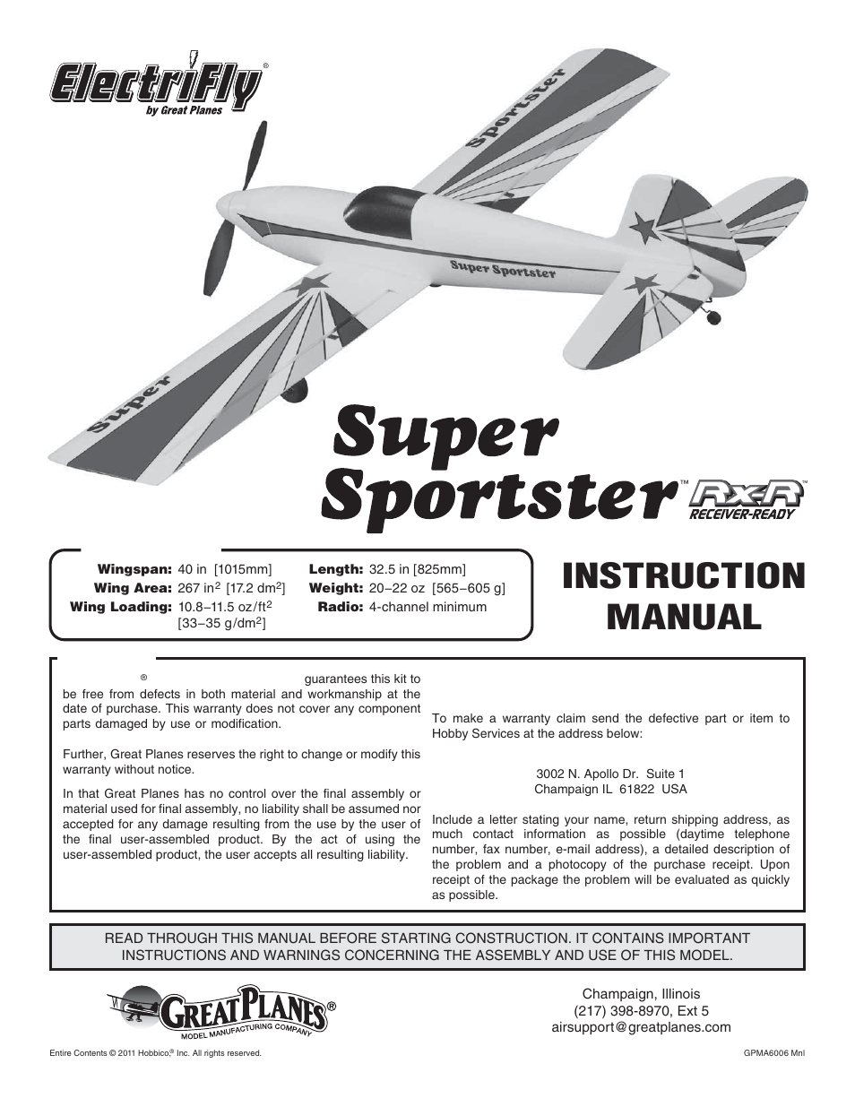 Great Planes Super Sportster EP RxR - GPMA6006 User Manual | 12 pages