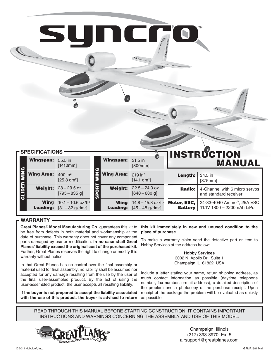 Great Planes Syncro EDF - GPMA1581 User Manual | 24 pages