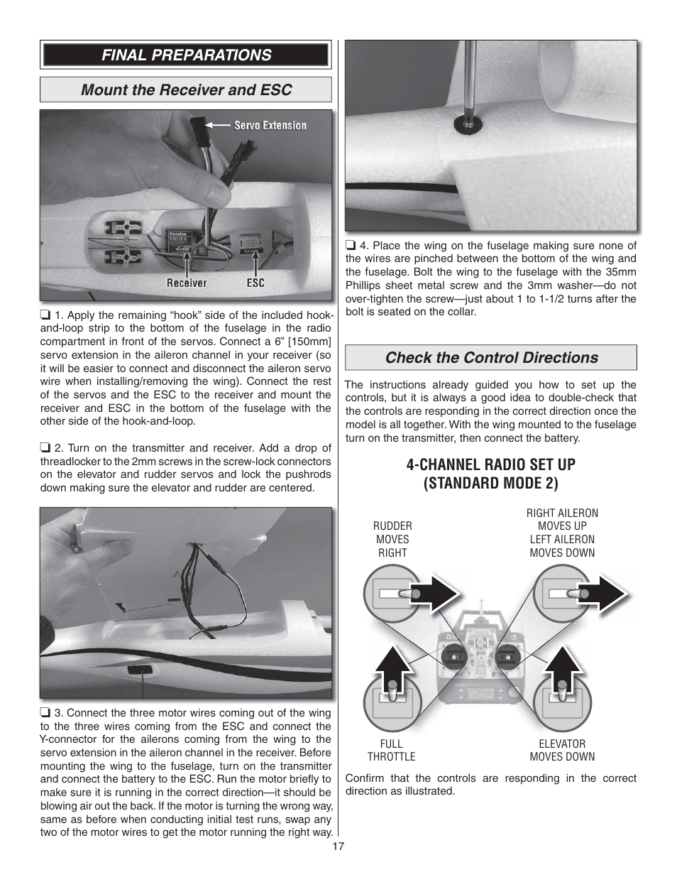 Final preparations mount the receiver and esc, Check the control directions, Channel radio set up (standard mode 2) | Great Planes Syncro EDF - GPMA1581 User Manual | Page 17 / 24